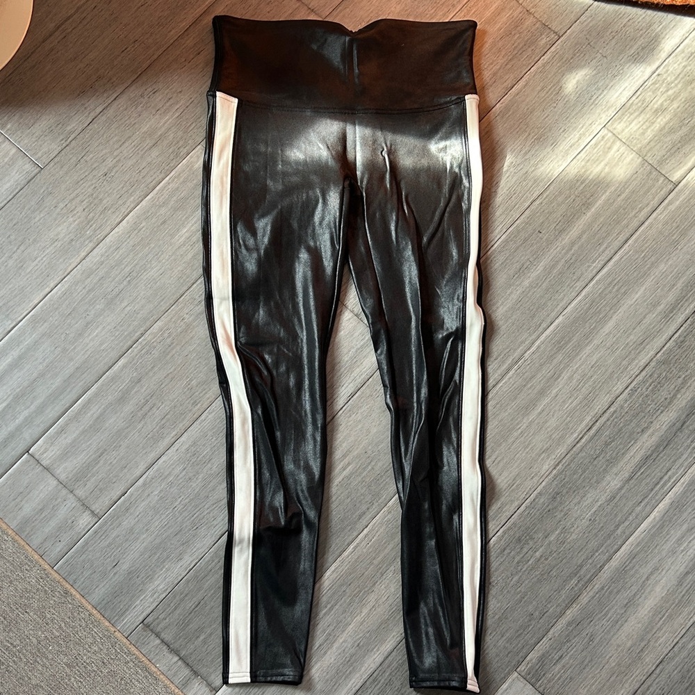 SPANX Black Faux-Leather Skinny Pants with White Side Stripe